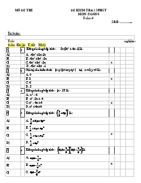 Đề kiểm tra 15 phút môn Toán 8 tuần 4